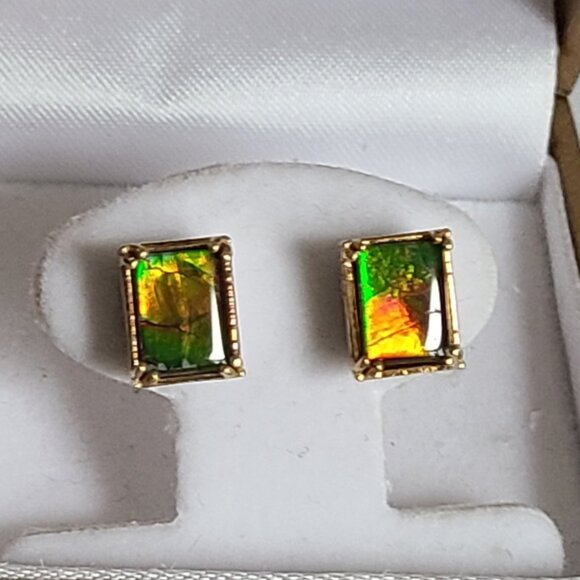 Gems En Vogue Palladium Silver Gold Plate Ammolite Gemstone Square Stud Earrings - Picture 10 of 14
